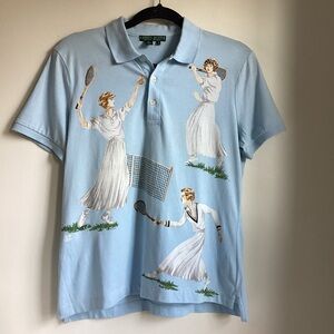 Vintage Lauren Ralph Lauren Tennis Graphic Polo Shirt Womens Small Blue Preppy